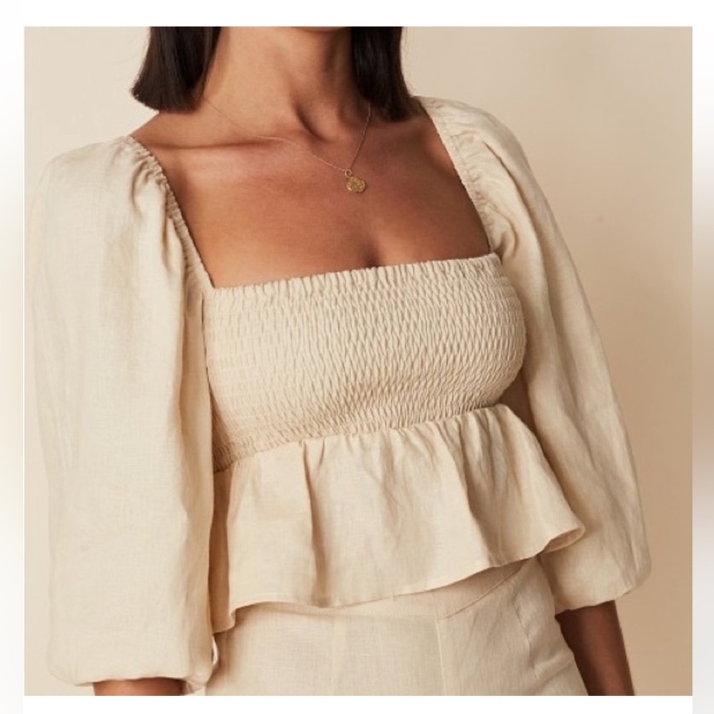 NWT Faithfull the Brand Womens Vivica Tan Smocked Crop Linen Peplum Top Shirt